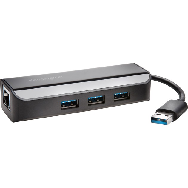 Adapter Ethernet USB 3.0 UA3000E z 3-portowym koncentratorem — czarny, Hub USB