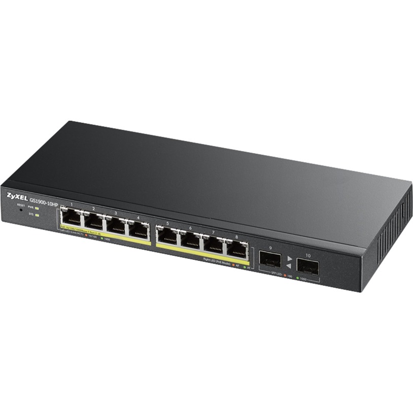GS1900-10HP Zarz?dzany L2 Gigabit Ethernet (10/100/1000) Czarny 1U Obs?uga PoE, Prze??cznik