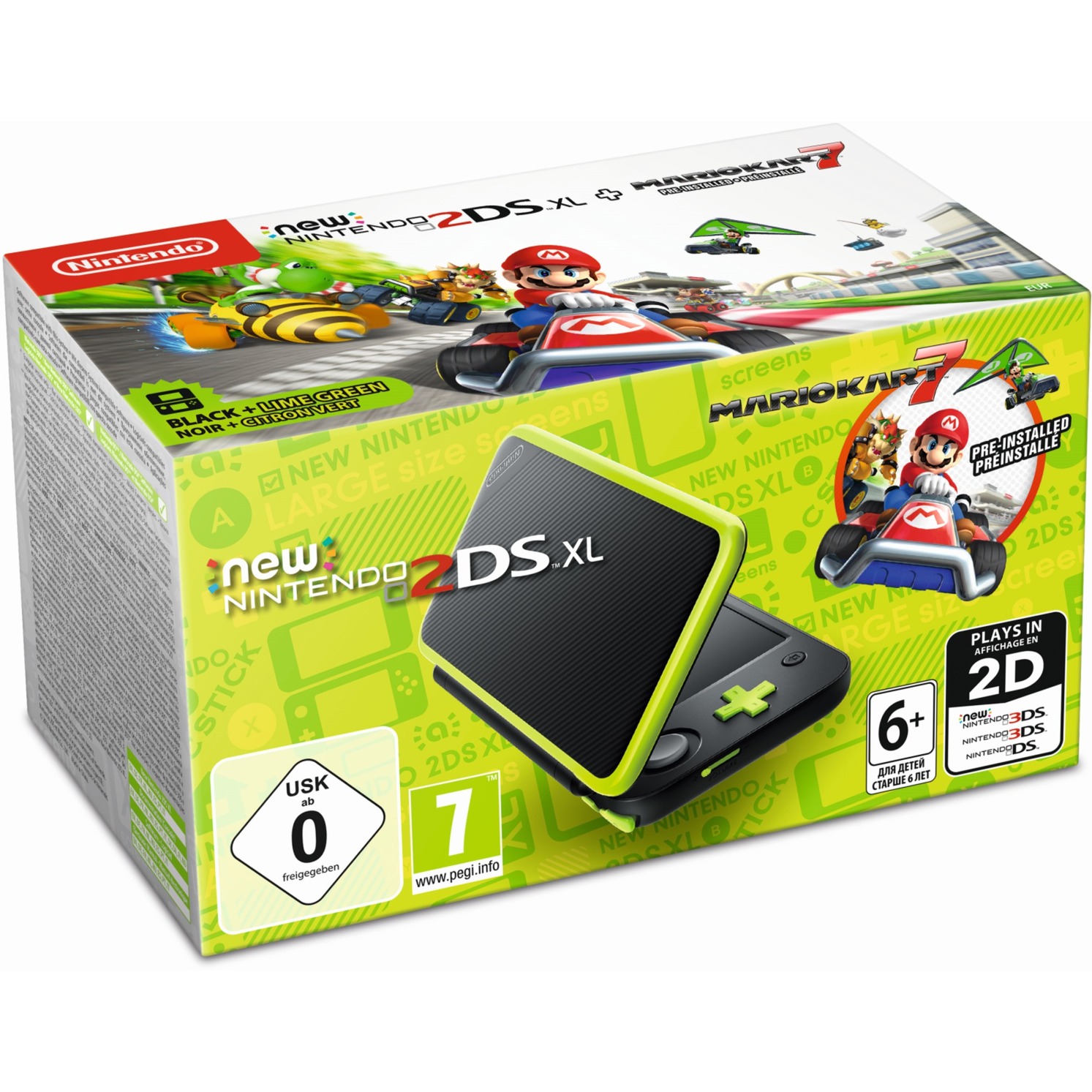 New 2DS XL + Mario Kart 7 przeno?na konsola do gier Czarny, Zielony, Limonka 12,4 cm (4.88") Ekran dotykowy Wi-Fi